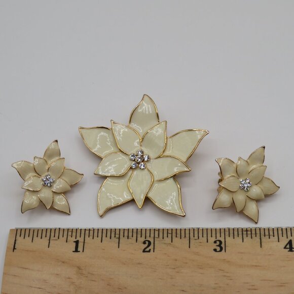 Eisenberg Ice Jewelry - Eisenberg Ice Brooch Earrings Set Enamel Poinsettia Rhinestone Accents